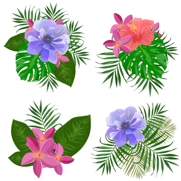 Set mit exotischen Blumen und Blättern — Stockvektor