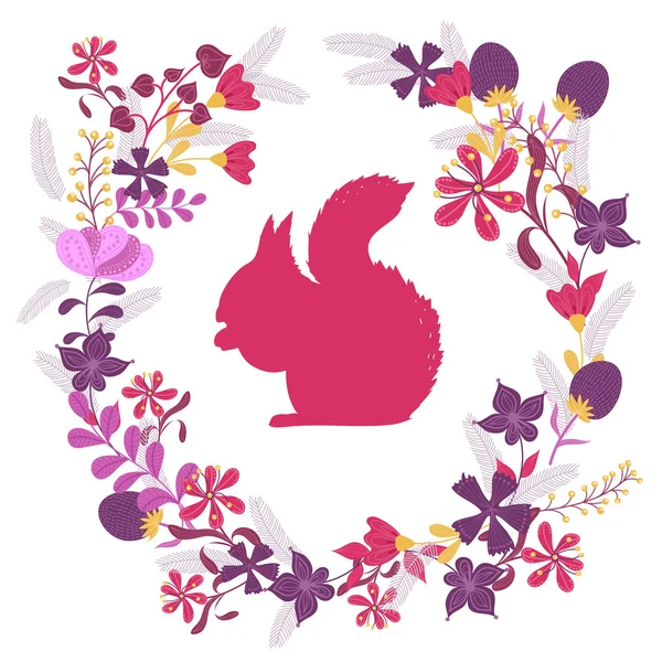 Silhouet van eekhoorn in floral frame — Stockvector