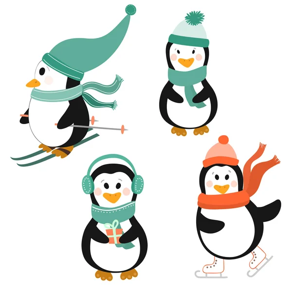 Conjunto de invierno con pingüinos — Vector de stock