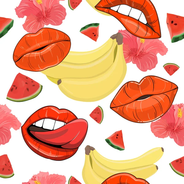 Patrón con labios, frutas y flores — Vector de stock