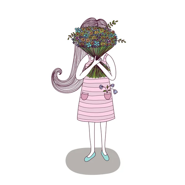 Menina com buquê de flores — Vetor de Stock