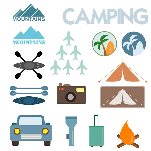 Conjunto con campamento y aventura — Vector de stock