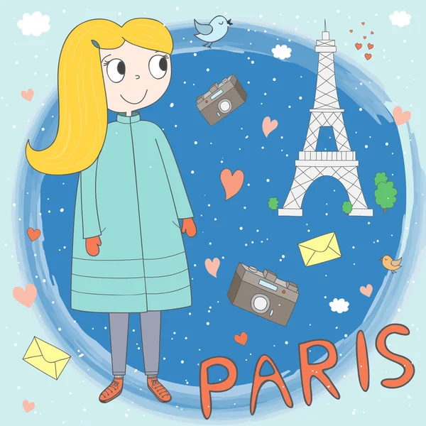 Sevimli kız Paris ile illüstrasyon — Stok Vektör