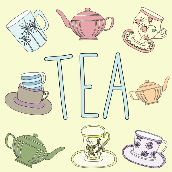 Abbildung mit verschiedenen Tassen und Teekannen — Stockvektor