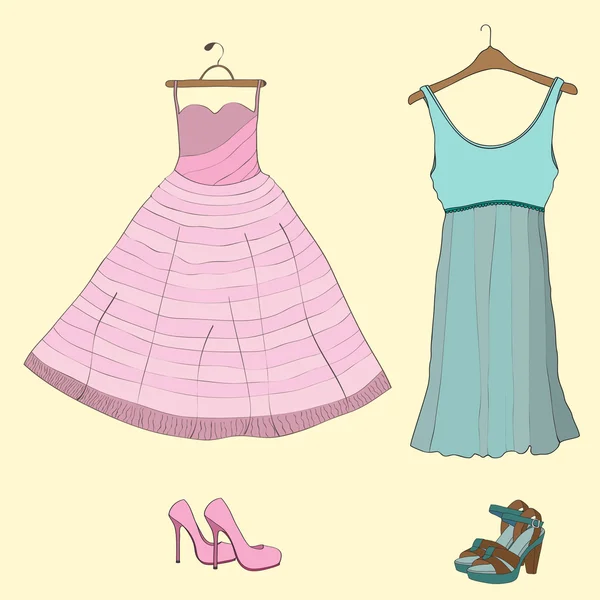 Illustration with dresses and shoes — Stock Vector