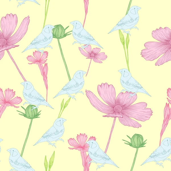 Motif sans couture avec des oiseaux et des fleurs — Image vectorielle