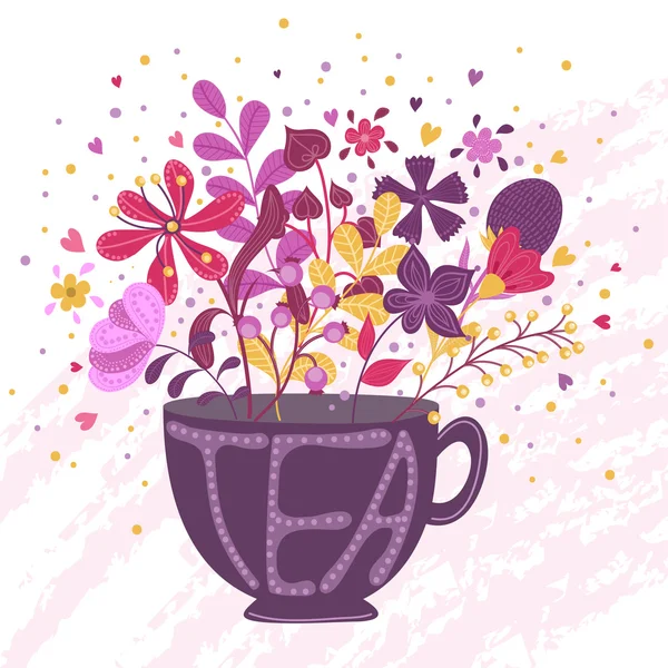 Illustration with bouquet of flowers in cup — Stock Vector