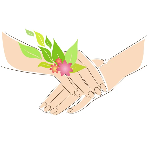 Hermosa mujer manos y flores — Vector de stock