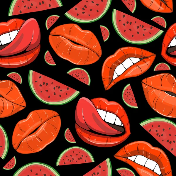 Pattern with lips and watermelons — Stock Vector