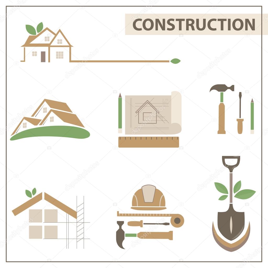 Vector set with construction icons and logos. Design elements for construction site. Set with working tools.