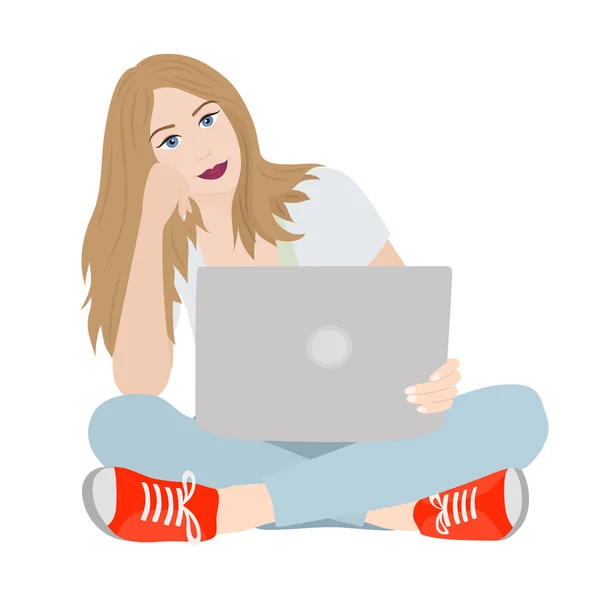 Ilustração com menina com laptop —  Vetores de Stock