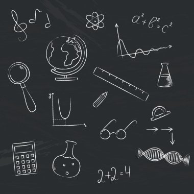 Okul öğeleri kara tahta üzerinde