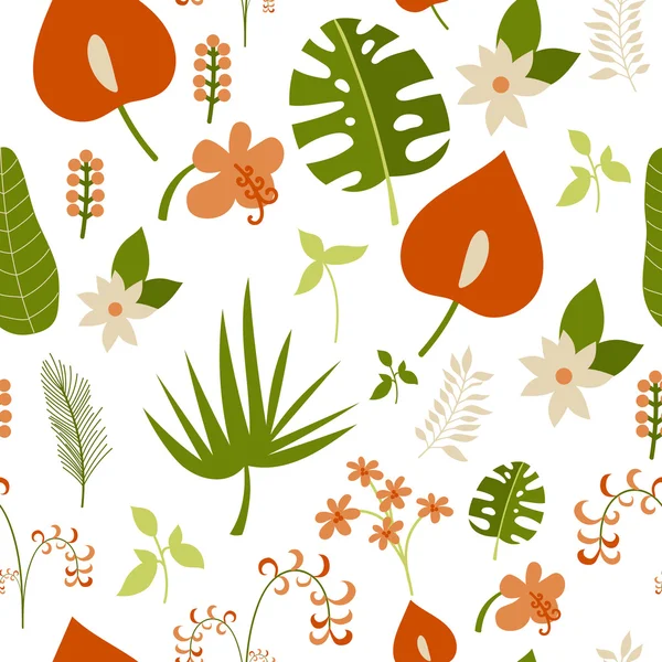 Sömlöst mönster med tropiska blommor och blad — Stock vektor