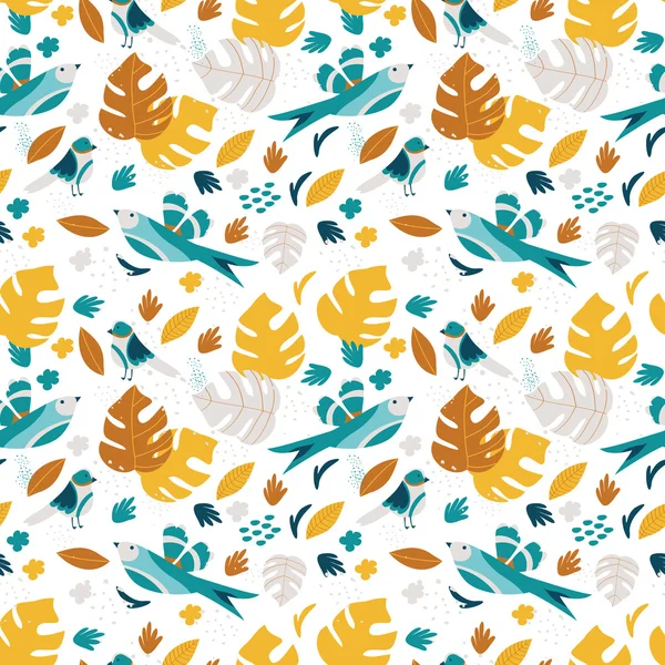 熱帯の葉と鳥のシームレス パターン — ストックベクタ