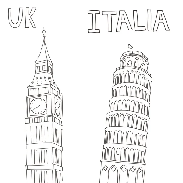 Gráfico Big Ben y la torre de Pisa — Vector de stock