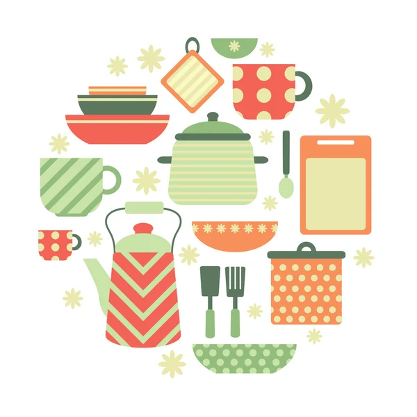 Kuchyňské předměty v barvách červené, zelené a oranžové — Stockový vektor