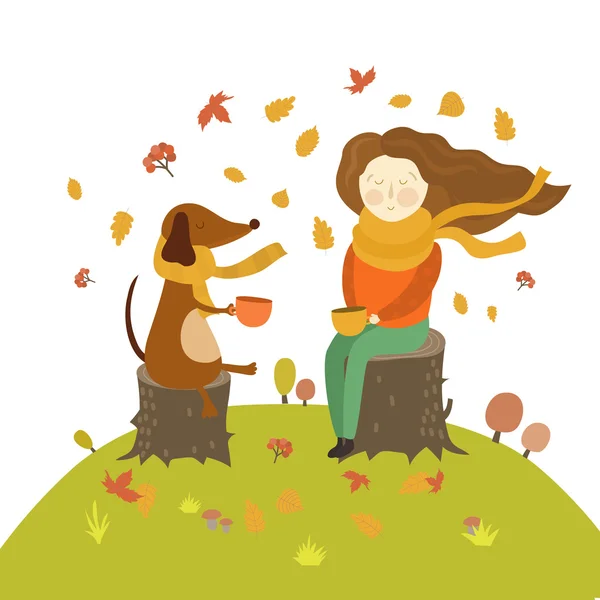 Ilustración con chica y perro. Tarjeta de otoño . — Archivo Imágenes Vectoriales