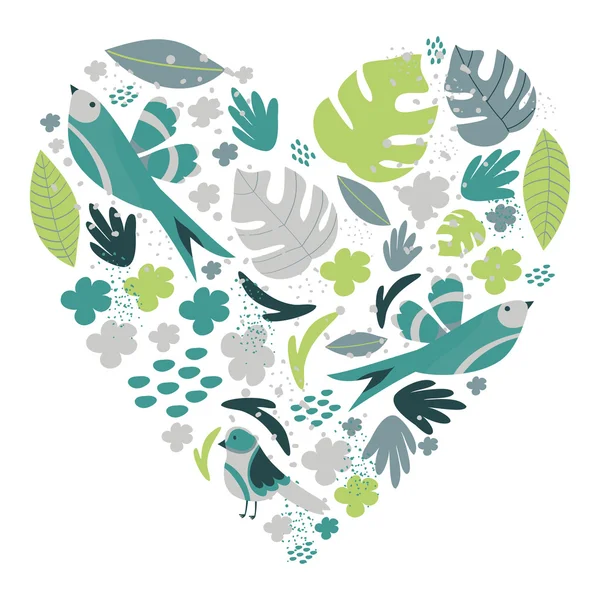 Heart with flowers, leaves and birds — Stock Vector