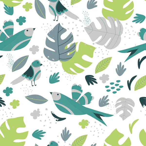 Seamless mönster med tropiska löv och fåglar — Stock vektor
