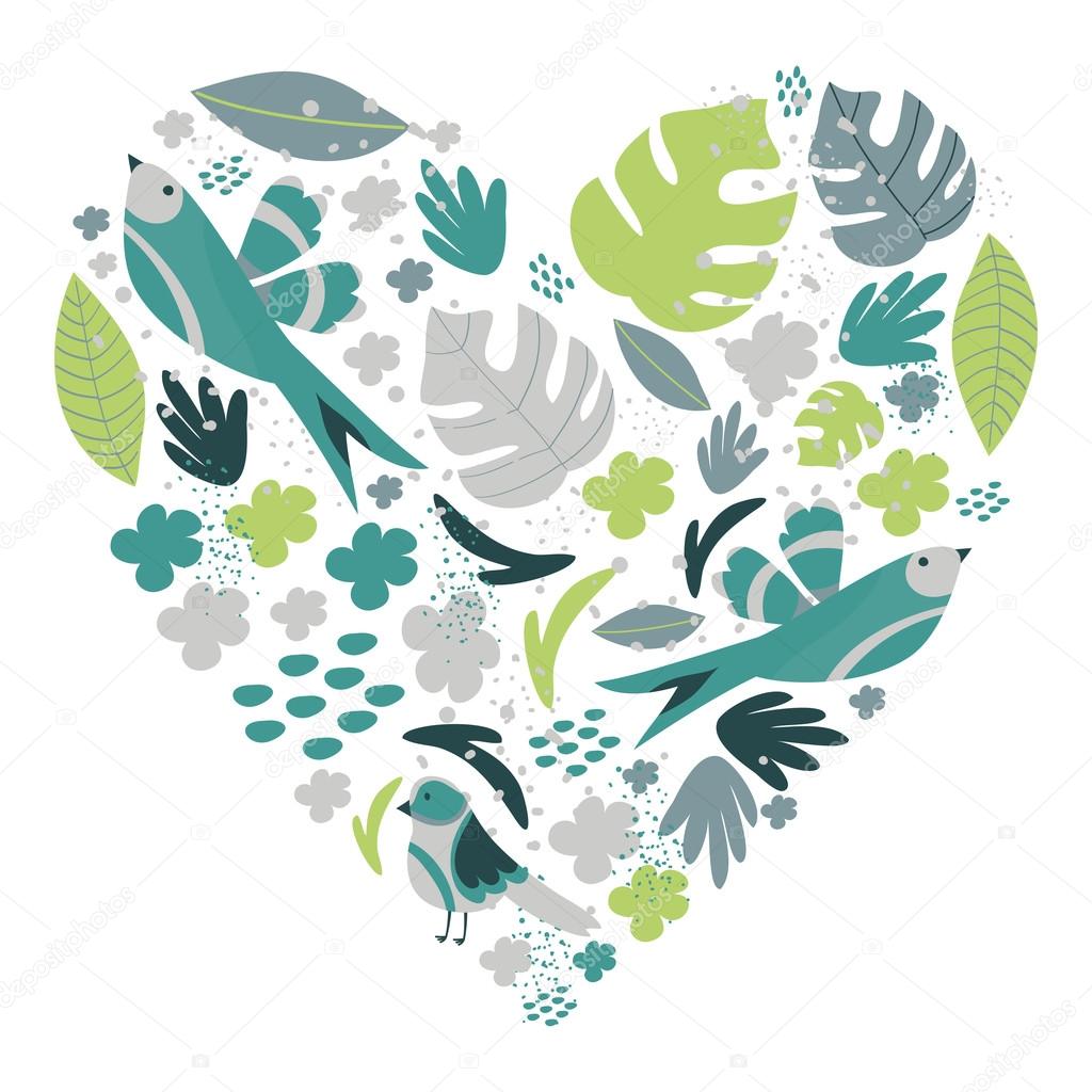heart with flowers, leaves and birds 