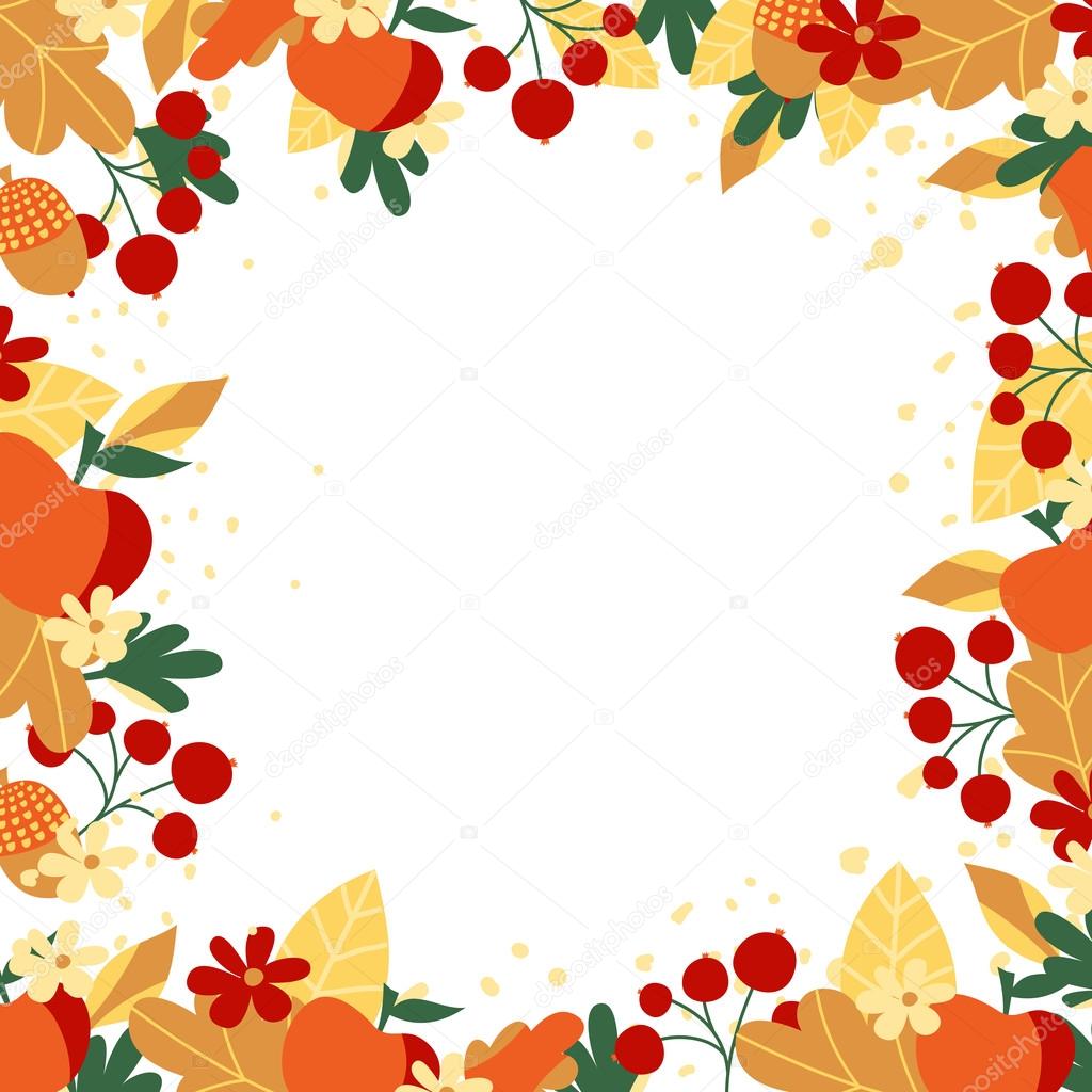autumn frame with leaves, berries and acorns