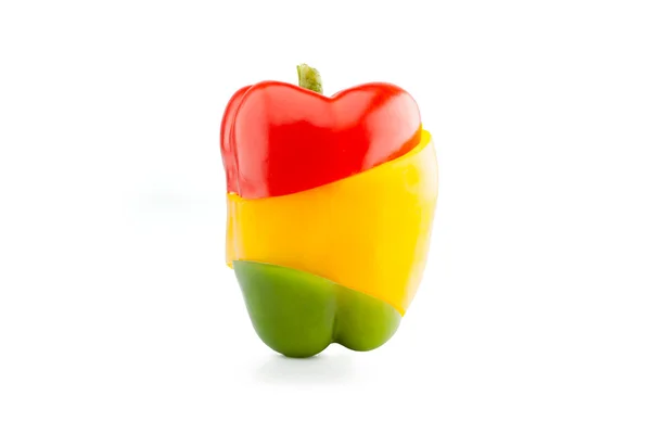 Red, yellow and green bell peppers in three junction fragments r Stock Photo