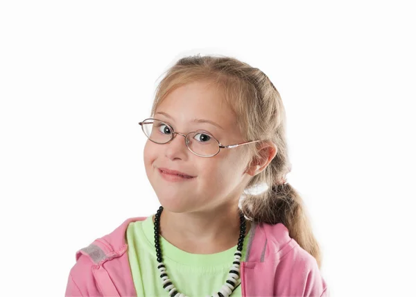 Retrato de pecho chica blanca con cabello rubio usando gafas Fotos De Stock Sin Royalties Gratis