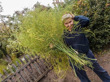 Elinde bir demet çimenle neşeli genç bir kadın. Kuşkonmaz Bitkisi