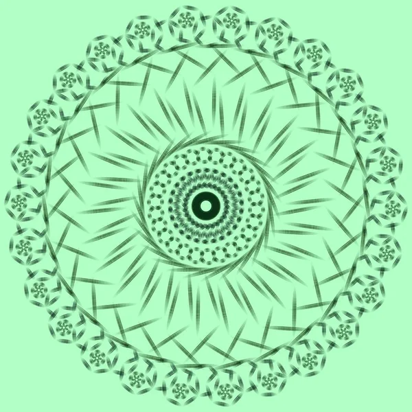 Yeşil arkaplandaki yeşil mandalanın derecesi. Yuvarlak mandala çiçeklerinin geometrik deseni. Yoganın düzeni.