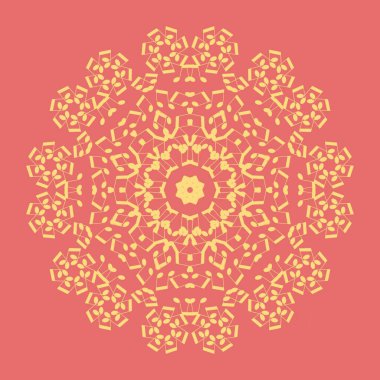 Mandala, rahatlama ve meditasyon için pembe arka planda sarıdır. Dekorasyon için desenler. Mandala deseni. Mavi etnik kalıplar. Soyutlama. Meditasyon çemberi.