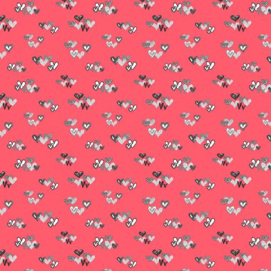 Kalp çizgileri olan şenlikli bir arka plan. Tebrik kartları, ambalaj kağıtları ve dekoratif duvar kağıtları için kusursuz desen. Kalpli desen ve beyaz arka planda konfeti..