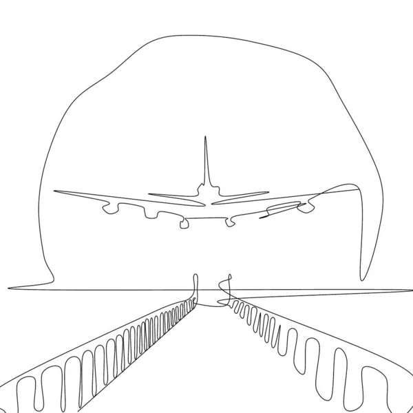 Sunset Airplane Fly River One Line Illustration — Stock fotografie