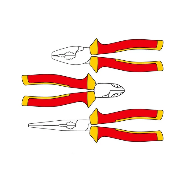 一套手工工具 钳和侧刀 平面线条风格设计 白色背景上的一个孤立的图解 — 图库照片