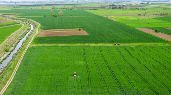 空中ビュートラクターは 大規模な緑のフィールドに化学物質を噴霧 農場の土地で除草剤を噴霧する 雑草に対する作物の処理 ストックフォト