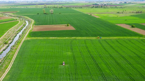 Luchtfoto Tractor Spuiten Van Chemicaliën Het Grote Groene Veld Het Stockfoto