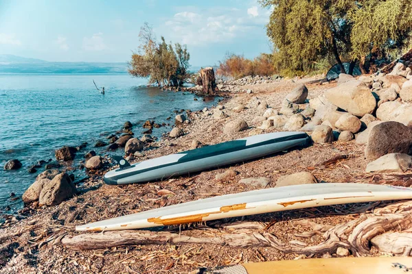 Stand up paddleboarding, tavole SUP sdraiato sulle rive del mare di Galilea sullo sfondo delle alture del Golan — Foto Stock