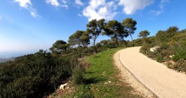 4k tilt left horizontal Pano video. View of forest, sea, and city under a blue sky. A view of Mount Carmel
