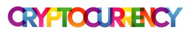 CRYPTOCURRENCY kelime vektör çizimi. Renkli gökkuşağı metni. Vektör bayrağı. Şirket konsepti. Gradyan Metin. Şeffaflık Mektupları