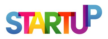 Beyaz arkaplanda tipografi ile başlayan iş dünyasının yaratıcı temsili. Renkli gökkuşağı teknolojisi konseptini başlat. Girişim sunumu için düz stil tasarımı