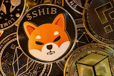 SHIB, ADA, CARDANO, Bitcoin, STELLAR, LUMEN, XPR, BNB, BINANCE COIN ve yukarıdan görünen ethererum gibi kripto para biriminin yatay görünümü