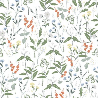 Elle çizilmiş yabani çiçekler çizim motifi kusursuz tekrarlama motifi