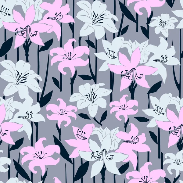 Amaryllis flower motif with grey background seamless repeat pattern
