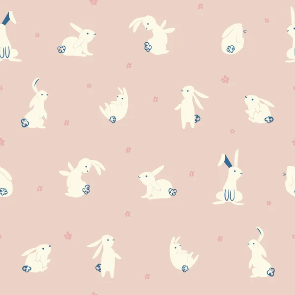 Cute and simple hand-drawn rabbit illustration motif seamless repeat pattern retro pink background