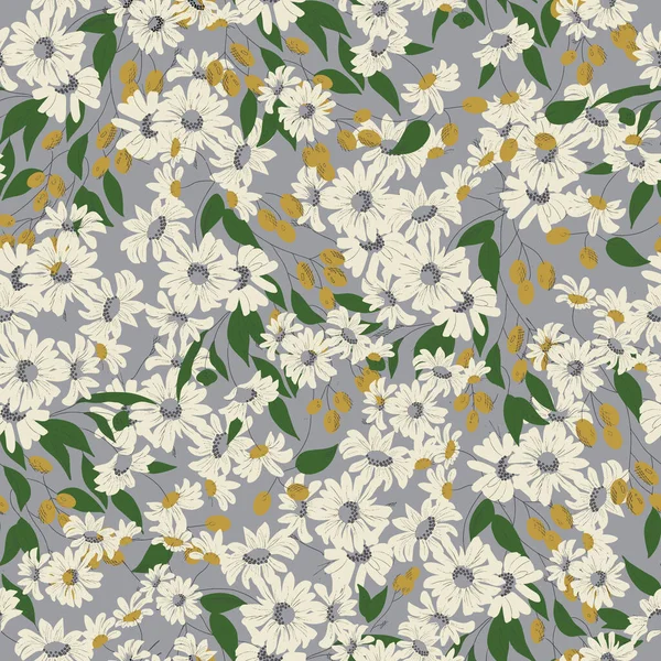 Cosmos flower and olives illustration motif seamless repeat pattern retro grey background digital file pattern artwork fashion or home decor print fabric textile