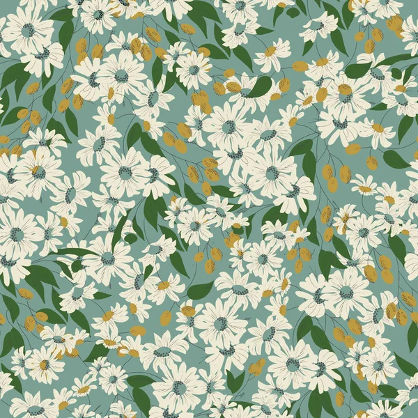 Vector Cosmos flower and olives illustration motif seamless repeat pattern retro blue background