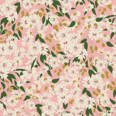 Vektör kozmos çiçeği ve zeytin illüstrasyon motifi kusursuz tekrarla desen retro pembe arkaplan dijital dosya deseni moda baskısı