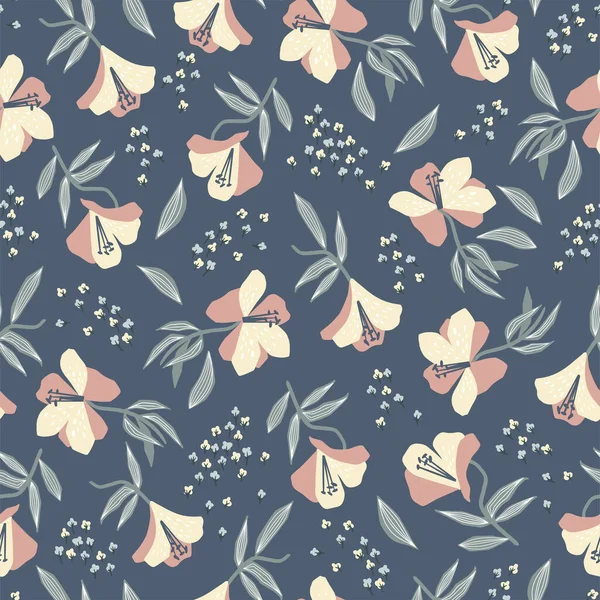 Vector Alstroemeria flower motif with navy background seamless repeat pattern digital file pattern artwork fashion or home decor print fabric textile