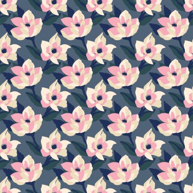 Vektör el çizimi Anemone flowe illüstrasyon motifsiz tekrar motifli koyu yeşil arkaplan dijital dosya desenli sanat çalışması veya ev dekorasyonu tekstil kumaşı