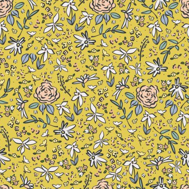 Vektör kalem küçük retro çiçek illüstrasyon motifi düz tekrar motifli dijital dosya desenli ev dekorasyonu kumaş deseni