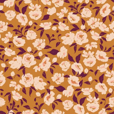 Vektör el yapımı kalem fırçası desenli çiçek ve yaprak çizimi motifsiz tekrarlanmayan dijital dosya desenli ev desenli çiçek desenli tekstil